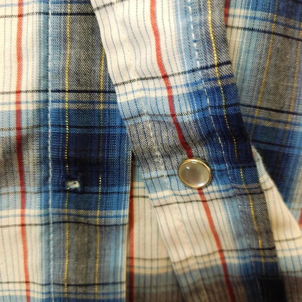 Ely Cattleman Mens XLT Plaid Pearl Snap Western Shirt Blue Short Sleeve Tall
